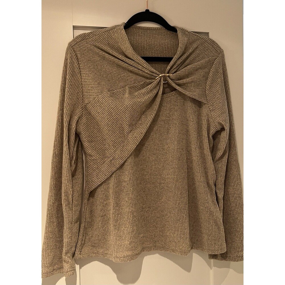 SHEIN 1XL Heather Beige Ribbed Knit Top Gold Ring Asymmetric Cutout Long Sleeve